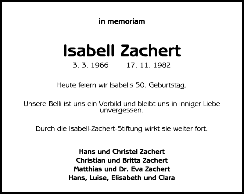  Traueranzeige für Isabell Zachert vom 03.03.2016 aus General-Anzeiger Bonn