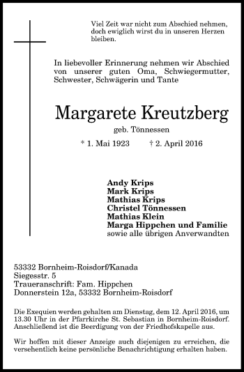Anzeige von Margarete Kreutzberg von General-Anzeiger Bonn