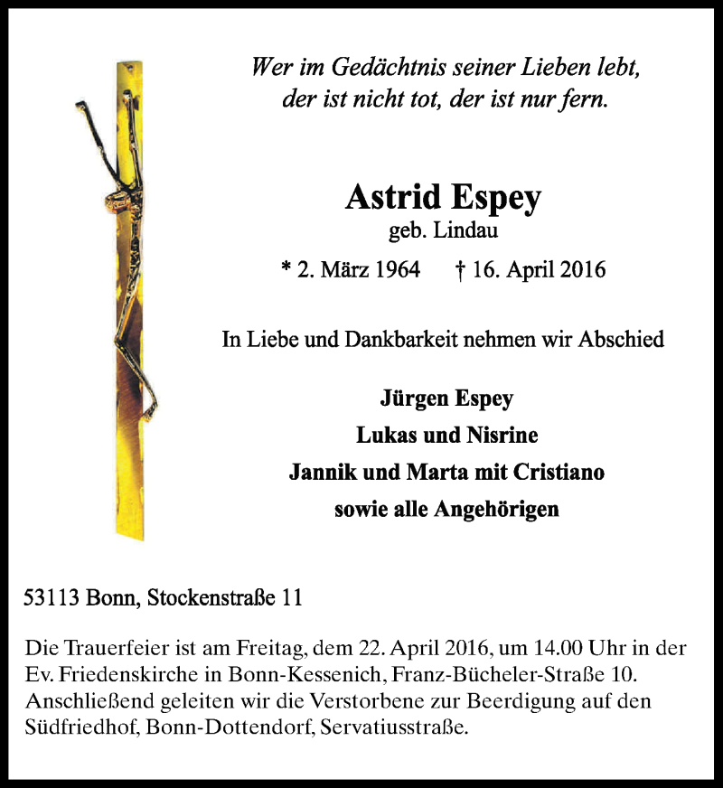 Traueranzeige für Astrid Espey vom 21.04.2016 aus General-Anzeiger Bonn