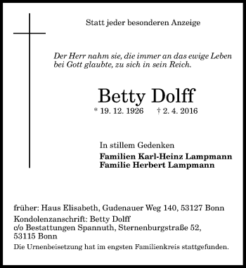 Anzeige von Betty Dolff von General-Anzeiger Bonn