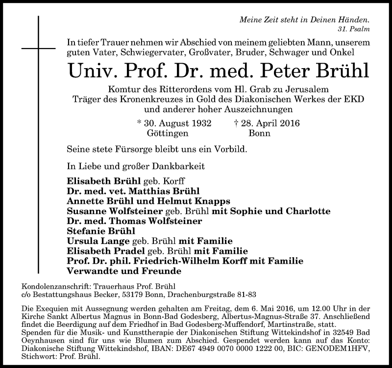  Traueranzeige für Peter Brühl vom 30.04.2016 aus General-Anzeiger Bonn