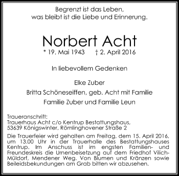 Anzeige von Norbert Acht von General-Anzeiger Bonn