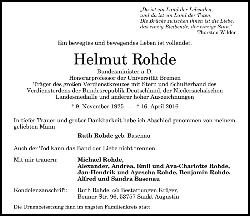  Traueranzeige für Helmut Rohde vom 30.04.2016 aus General-Anzeiger Bonn