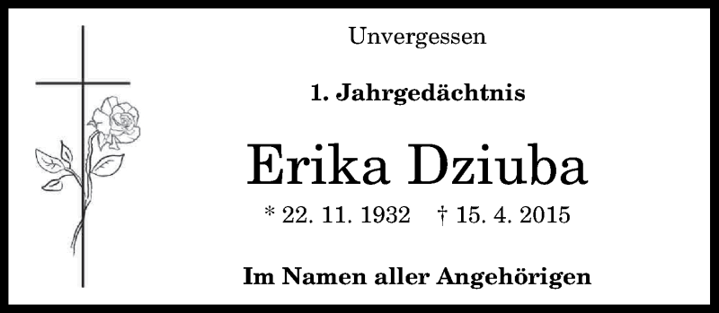  Traueranzeige für Erika Dziuba vom 16.04.2016 aus General-Anzeiger Bonn