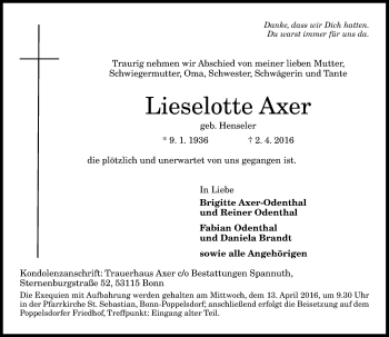 Anzeige von Lieselotte Axer von General-Anzeiger Bonn