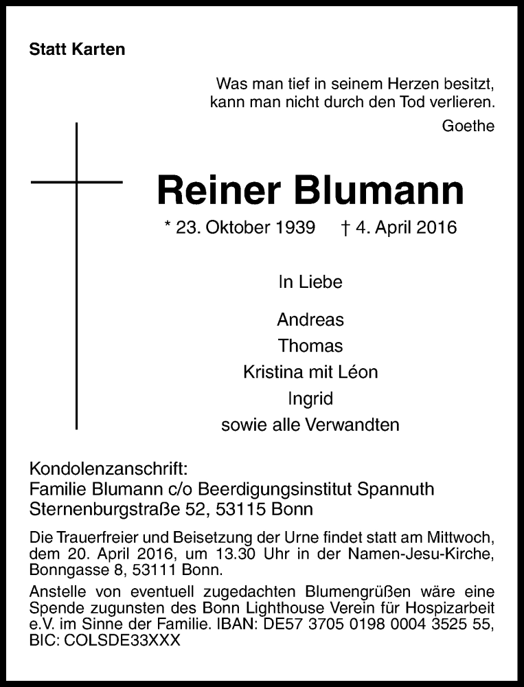  Traueranzeige für Reiner Blumann vom 16.04.2016 aus General-Anzeiger Bonn