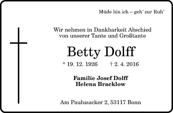 Anzeige von Betty Dolff von General-Anzeiger Bonn