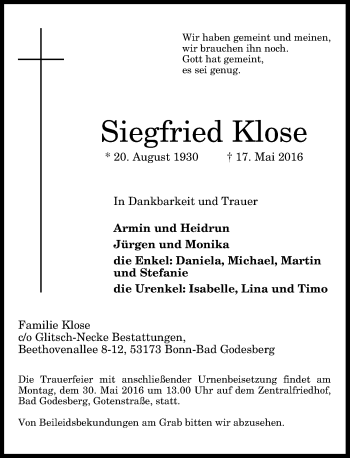 Anzeige von Siegfried Klose von General-Anzeiger Bonn