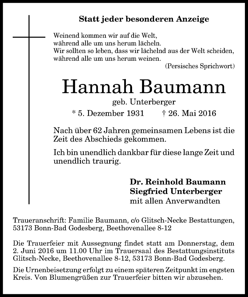  Traueranzeige für Hannah Baumann vom 30.05.2016 aus General-Anzeiger Bonn