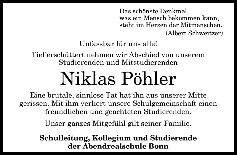  Traueranzeige für Niklas Pöhler vom 21.05.2016 aus General-Anzeiger Bonn