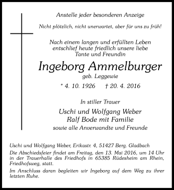 Anzeige von Ingeborg Arnmelburger von General-Anzeiger Bonn