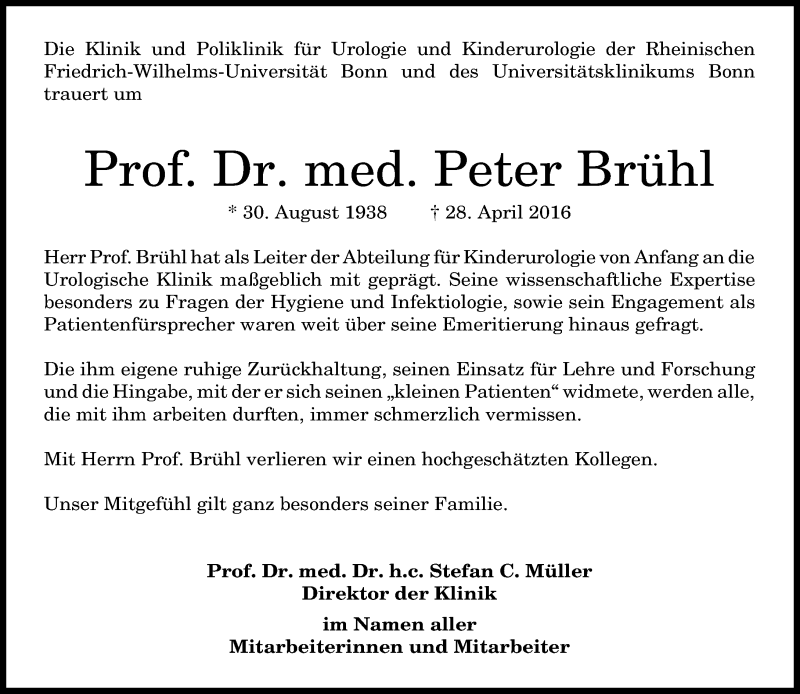  Traueranzeige für Peter Brühl vom 04.05.2016 aus General-Anzeiger Bonn