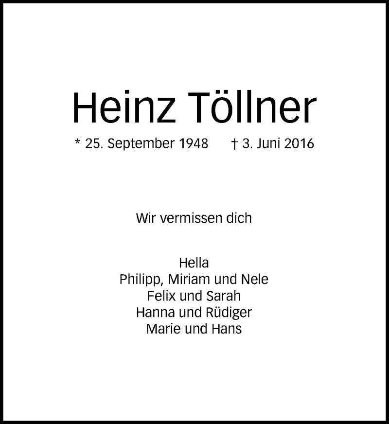  Traueranzeige für Heinz Töllner vom 08.06.2016 aus General-Anzeiger Bonn