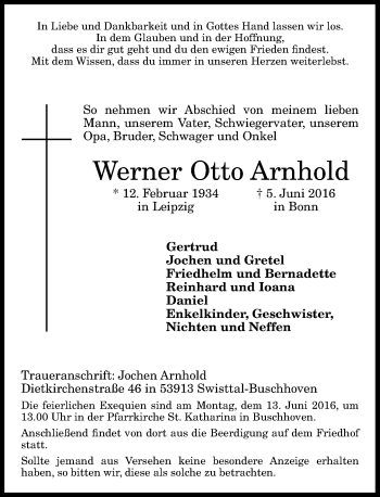 Anzeige von Werner Otto Arnhold von General-Anzeiger Bonn