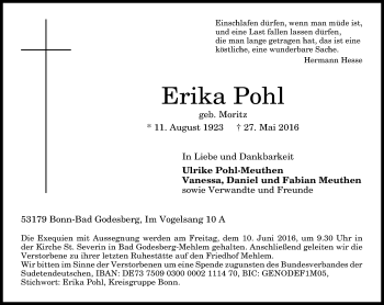Anzeige von Erika Pohl von General-Anzeiger Bonn