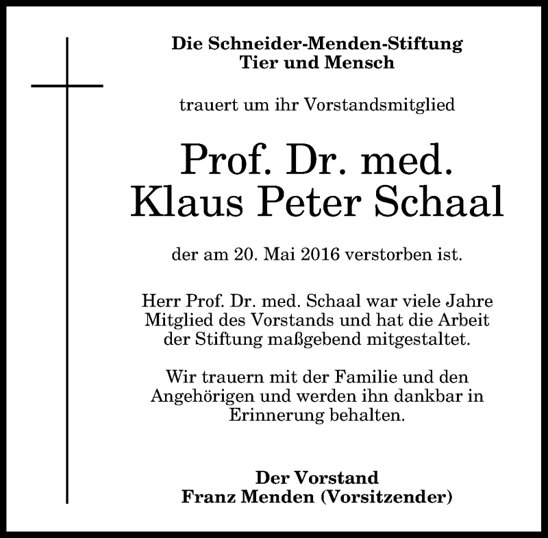  Traueranzeige für Klaus Peter Schaal vom 04.06.2016 aus General-Anzeiger Bonn
