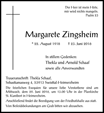 Anzeige von Margarete Zingsheim von General-Anzeiger Bonn