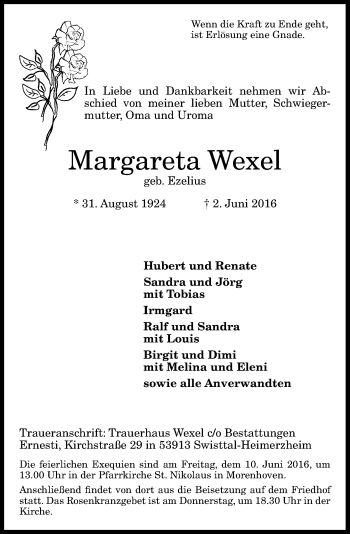 Anzeige von Margareta Wexel von General-Anzeiger Bonn