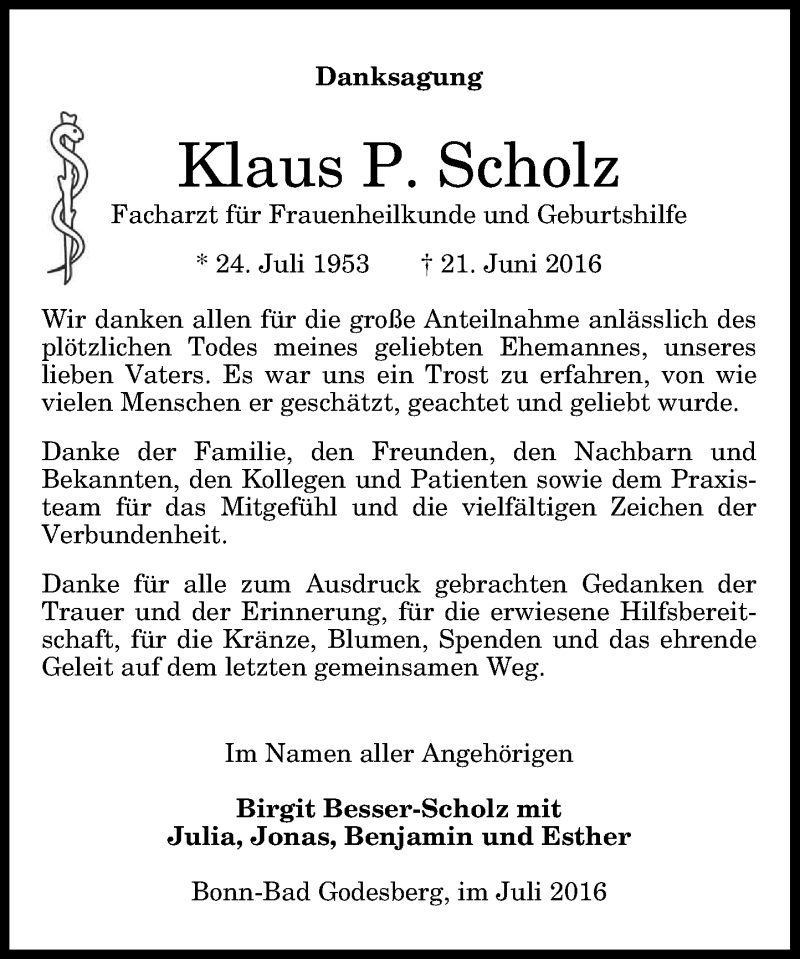  Traueranzeige für Klaus Scholz vom 23.07.2016 aus General-Anzeiger Bonn