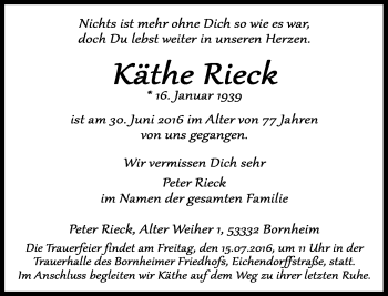 Anzeige von Käthe Rieck von General-Anzeiger Bonn