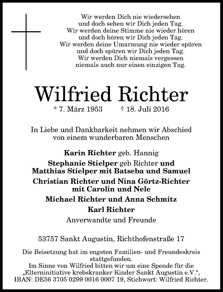  Traueranzeige für Wilfried Richter vom 30.07.2016 aus General-Anzeiger Bonn
