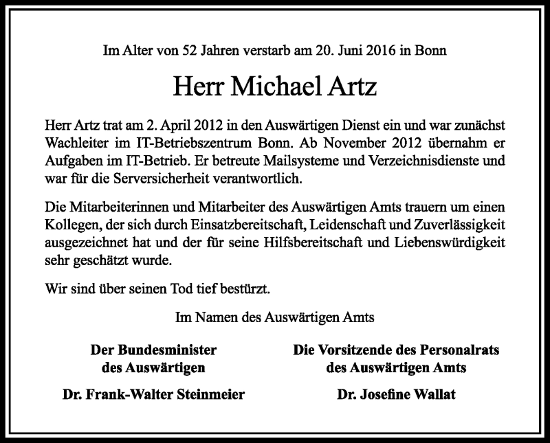  Traueranzeige für Michael Artz vom 09.07.2016 aus General-Anzeiger Bonn