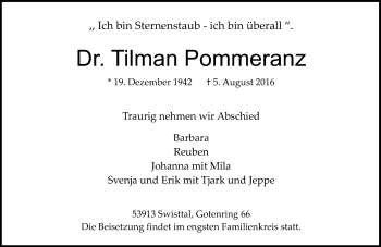 Anzeige von Tilman Pommeranz von General-Anzeiger Bonn