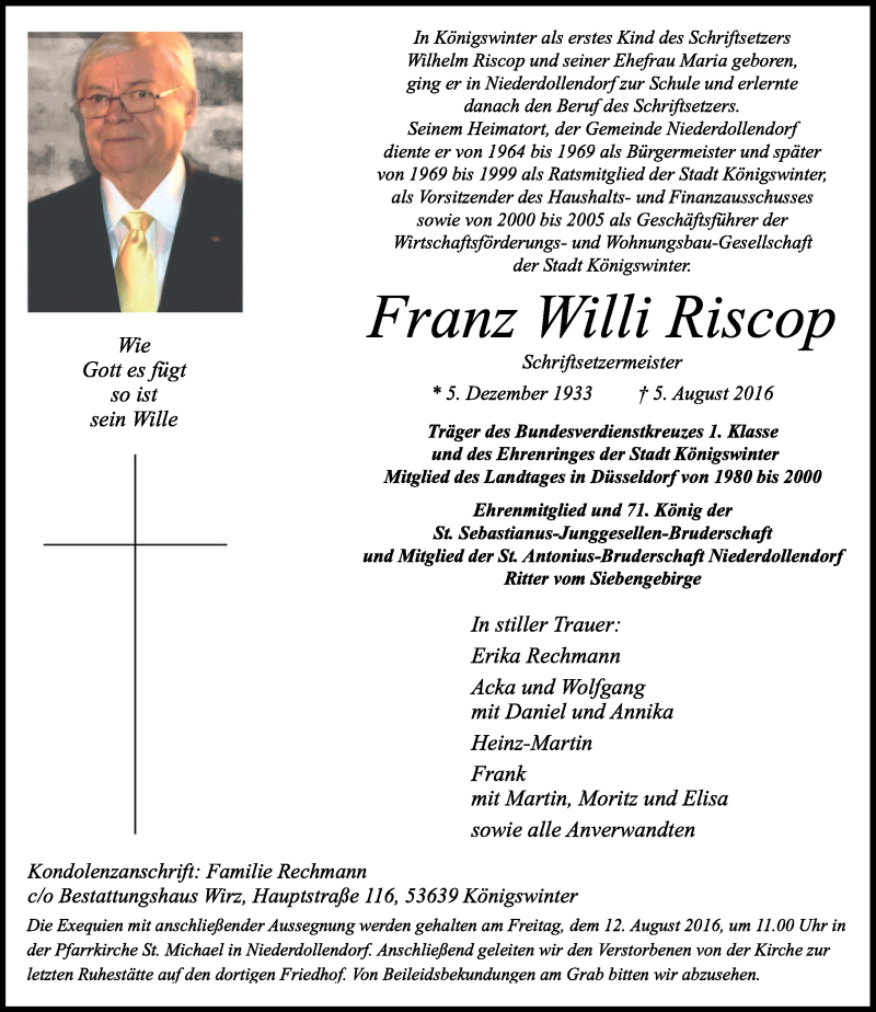  Traueranzeige für Franz Willi Riscop vom 10.08.2016 aus General-Anzeiger Bonn