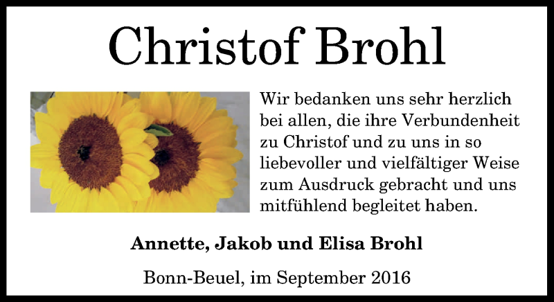  Traueranzeige für Christof Brohl vom 24.09.2016 aus General-Anzeiger Bonn