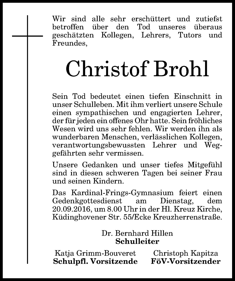  Traueranzeige für Christof Brohl vom 17.09.2016 aus General-Anzeiger Bonn