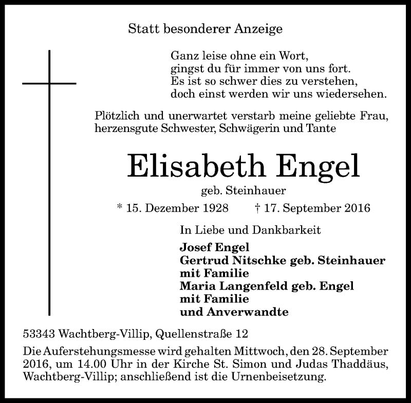 Traueranzeigen Von Elisabeth Engel Ga Trauer De