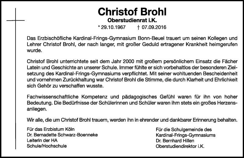  Traueranzeige für Christof Brohl vom 17.09.2016 aus General-Anzeiger Bonn