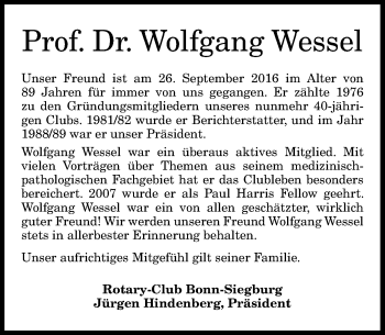 Anzeige von Wolfgang Wessel von General-Anzeiger Bonn