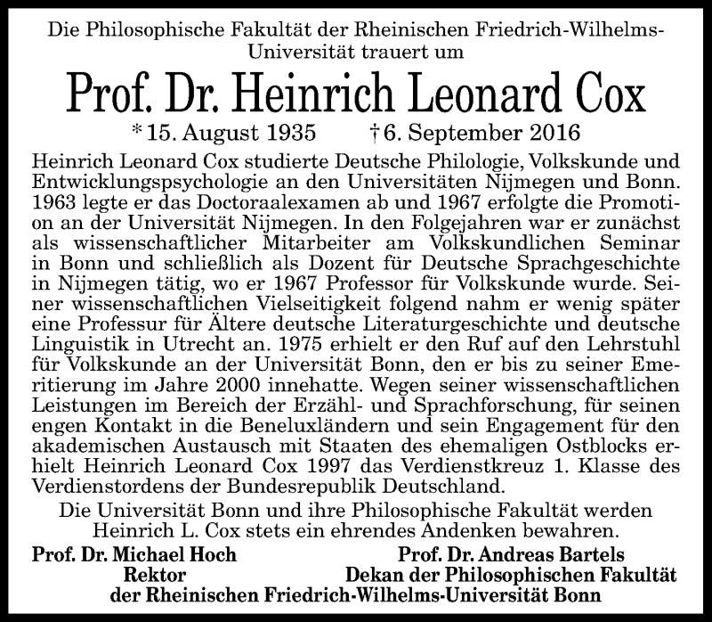  Traueranzeige für Heinrich Leonard Cox vom 17.09.2016 aus General-Anzeiger Bonn