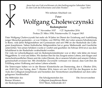 Anzeige von Wolfgang Cholewczynski von General-Anzeiger Bonn