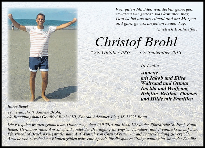  Traueranzeige für Christof Brohl vom 10.09.2016 aus General-Anzeiger Bonn