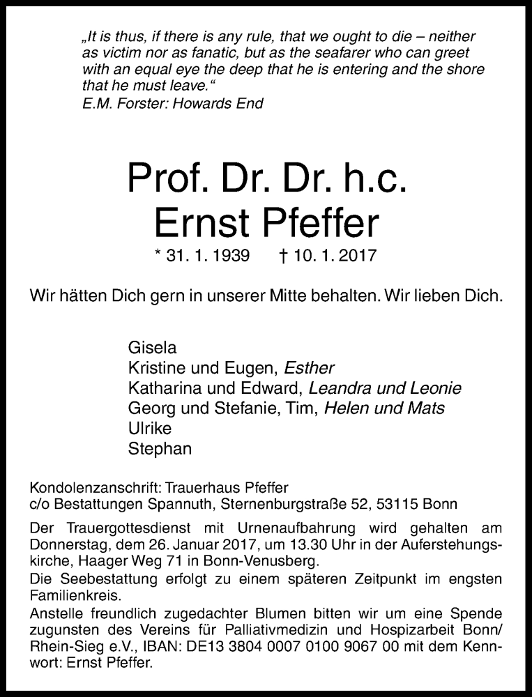  Traueranzeige für Ernst Pfeffer vom 14.01.2017 aus General-Anzeiger Bonn