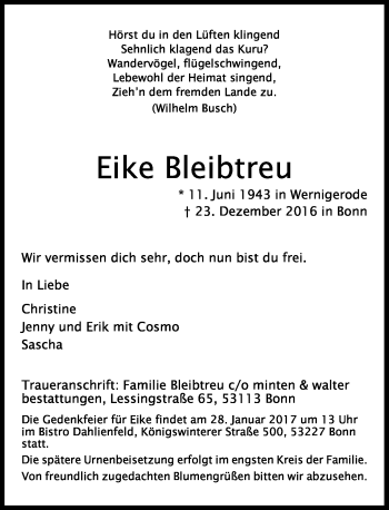 Anzeige von Eike Bleibtreu von General-Anzeiger Bonn