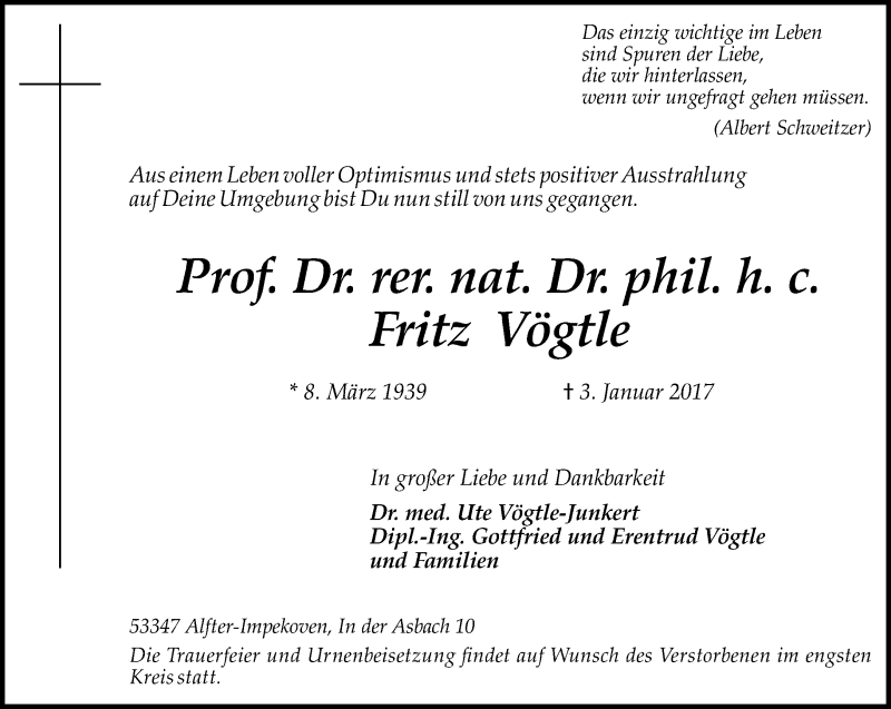  Traueranzeige für Fritz Vögtle vom 14.01.2017 aus General-Anzeiger Bonn