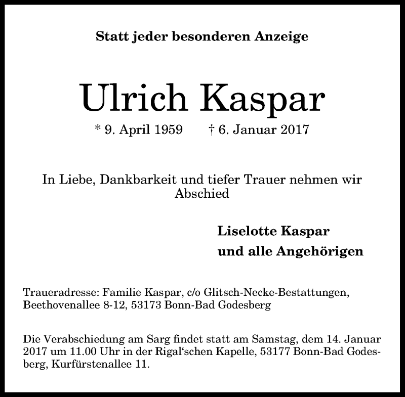  Traueranzeige für Ulrich Kaspar vom 11.01.2017 aus General-Anzeiger Bonn