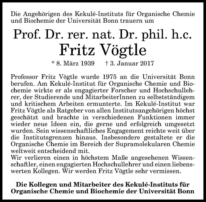  Traueranzeige für Fritz Vögtle vom 21.01.2017 aus General-Anzeiger Bonn