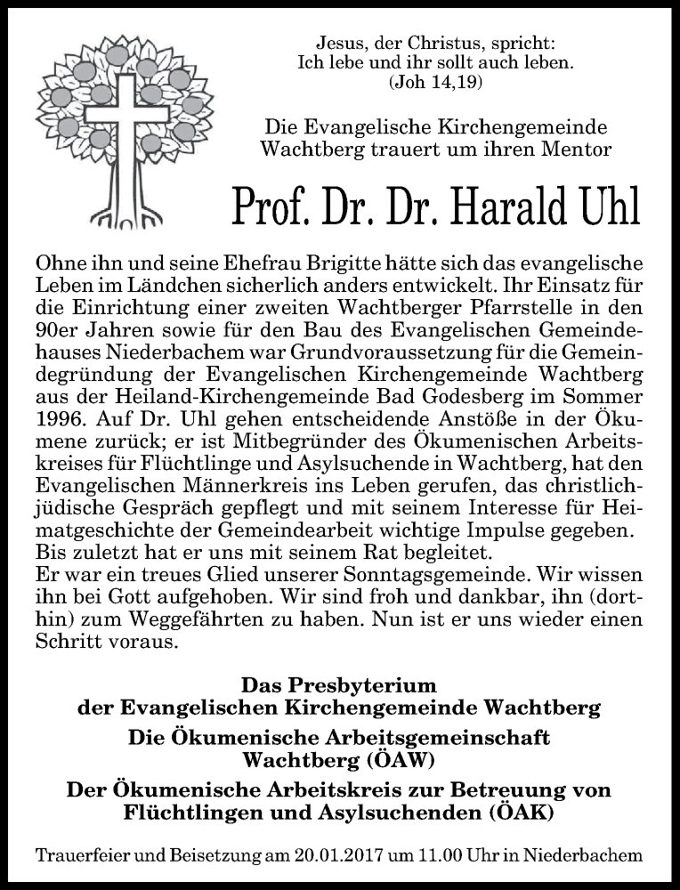  Traueranzeige für Harald Uhl vom 18.01.2017 aus General-Anzeiger Bonn