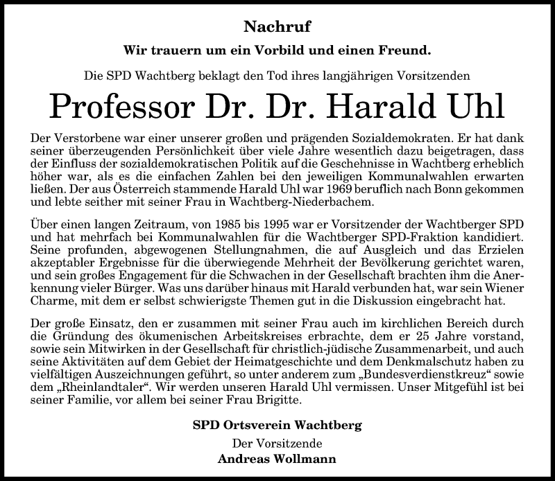  Traueranzeige für Harald Uhl vom 21.01.2017 aus General-Anzeiger Bonn
