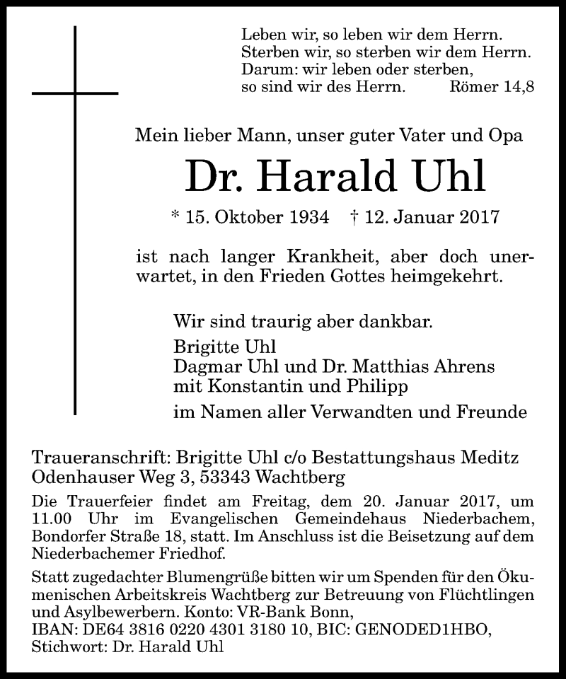  Traueranzeige für Harald Uhl vom 18.01.2017 aus General-Anzeiger Bonn