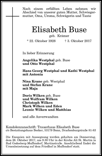 Anzeige von Elisabeth Buse von General-Anzeiger Bonn