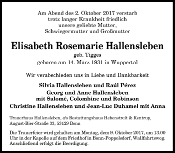 Anzeige von Elisabeth Rosemarie Hallensleben von General-Anzeiger Bonn