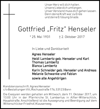 Anzeige von Gottfried  Henseler von General-Anzeiger Bonn