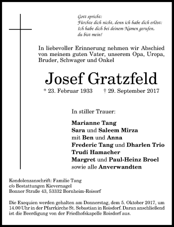 Anzeige von Josef Gratzfeld von General-Anzeiger Bonn