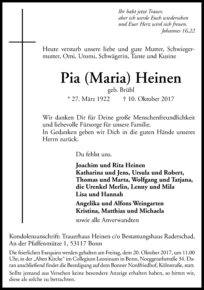  Traueranzeige für Pia Heinen vom 14.10.2017 aus General-Anzeiger Bonn