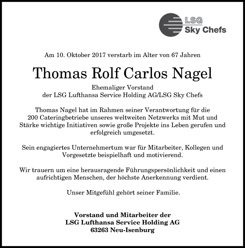  Traueranzeige für Thomas Rolf Carlos Nagel vom 19.10.2017 aus General-Anzeiger Bonn